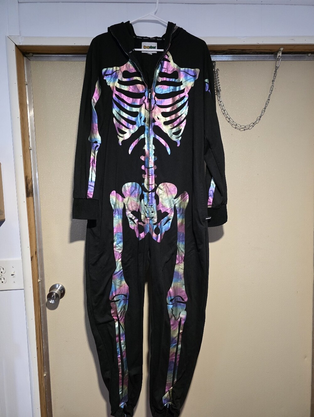 Tipsy Elves Black Hooded Skeleton Full Zip Onesie with Rainbow Tie-Dye Bones